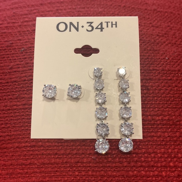 On 34th Silver-Tone 2-piece set. Cubic Zirconia Stud & Linear Drop Earrings. NWT - Picture 2 of 3